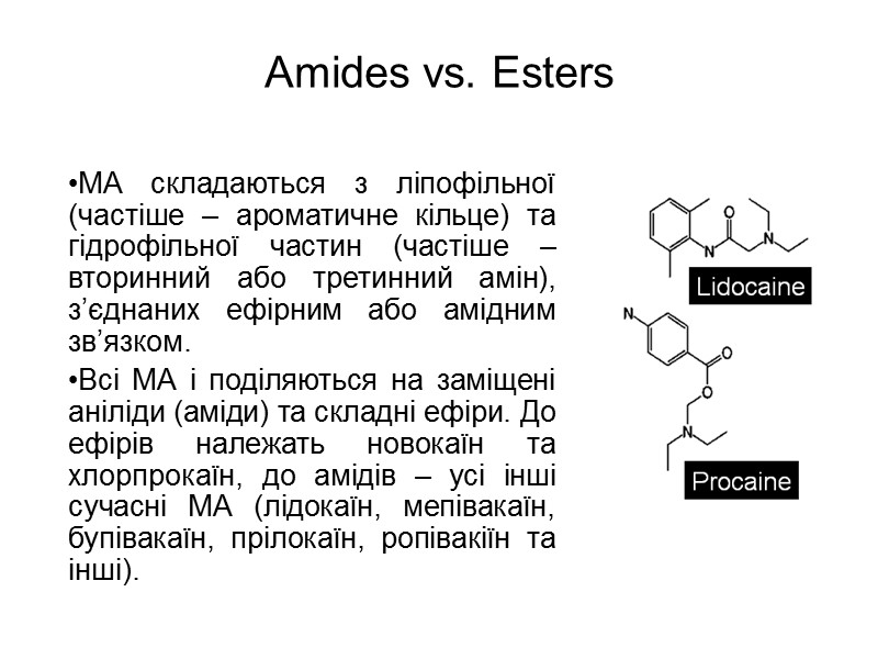 Amides vs. Esters МА складаються з ліпофільної (частіше – ароматичне кільце) та гідрофільної частин Amides vs. Esters МА складаються з ліпофільної (частіше – ароматичне кільце) та гідрофільної частин